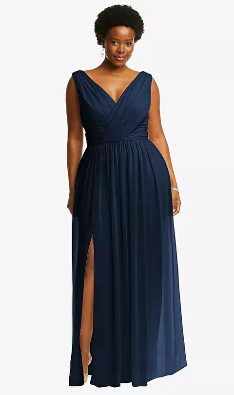 Dessy 2894 Sleeveless Draped Chiffon Maxi Dress With Front Slit