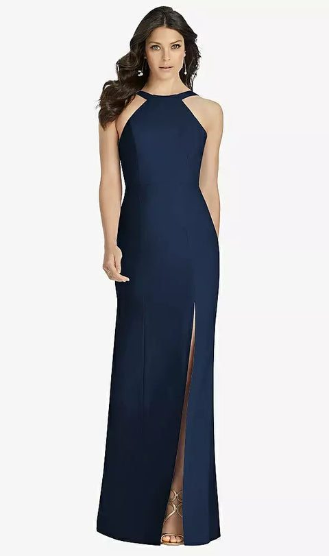 Dessy 3039 High-neck Backless Crepe Trumpet Gown