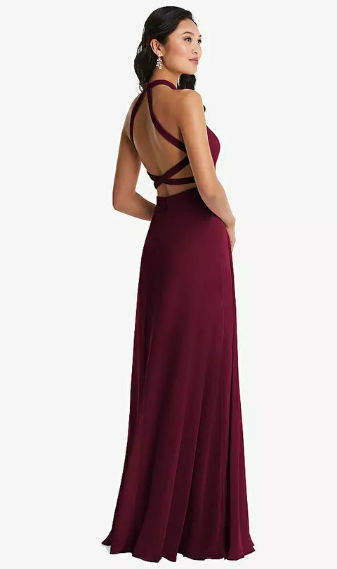 Dessy 3082 Stand Collar Halter Maxi Dress With Criss Cross Open-back