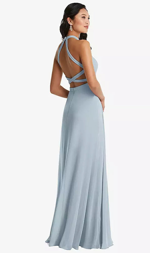 Dessy 3082 Stand Collar Halter Maxi Dress With Criss Cross Open-back