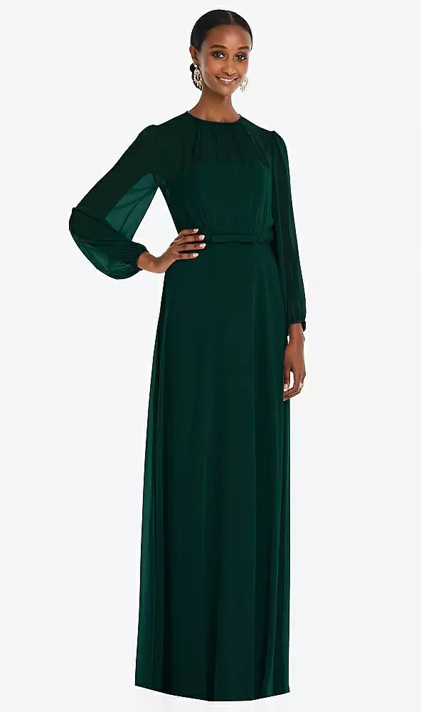 Dessy 3098 Strapless Chiffon Maxi Dress With Puff Sleeve Blouson Overl  YDG