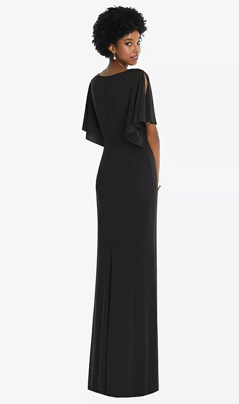 Dessy 3107 Faux Wrap Split Sleeve Maxi Dress With Cascade Skirt