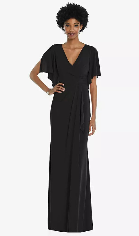 Dessy 3107 Faux Wrap Split Sleeve Maxi Dress With Cascade Skirt