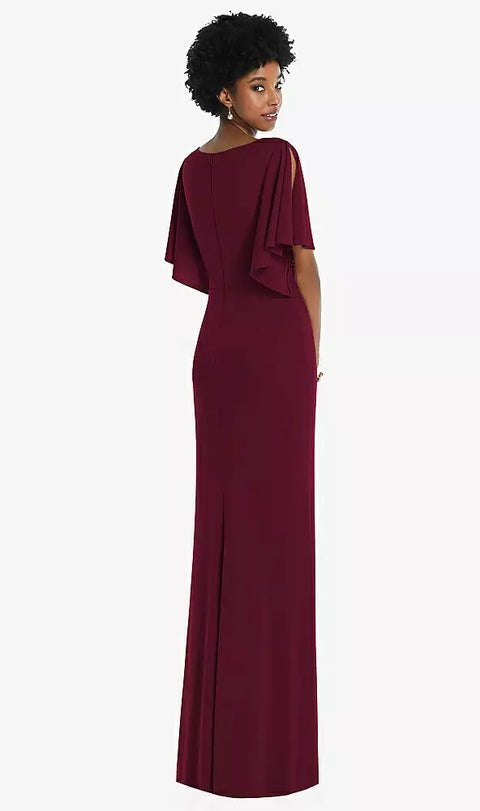 Dessy 3107 Faux Wrap Split Sleeve Maxi Dress With Cascade Skirt