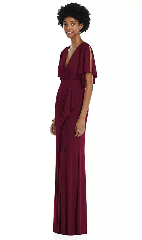 Dessy 3107 Faux Wrap Split Sleeve Maxi Dress With Cascade Skirt