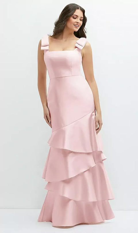 Dessy 3126 Bow-shoulder Satin Maxi Dress With Asymmetrical Tiered Skirt