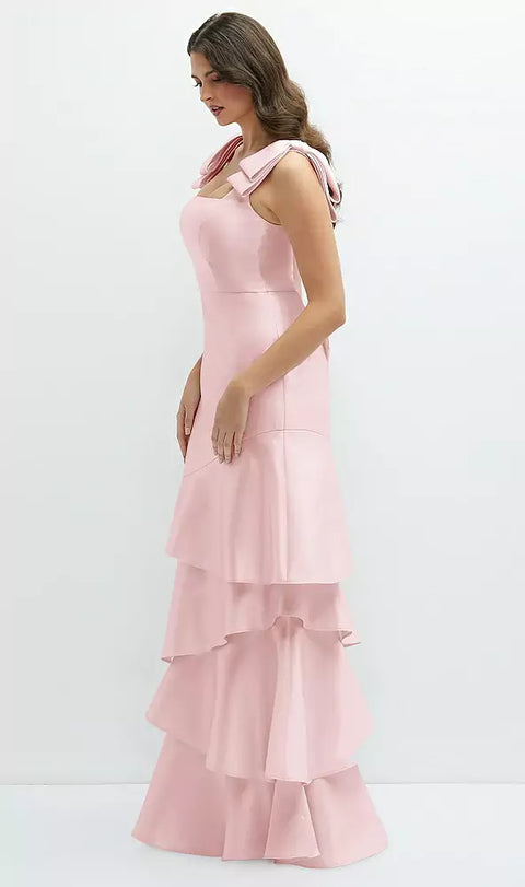 Dessy 3126 Bow-shoulder Satin Maxi Dress With Asymmetrical Tiered Skirt
