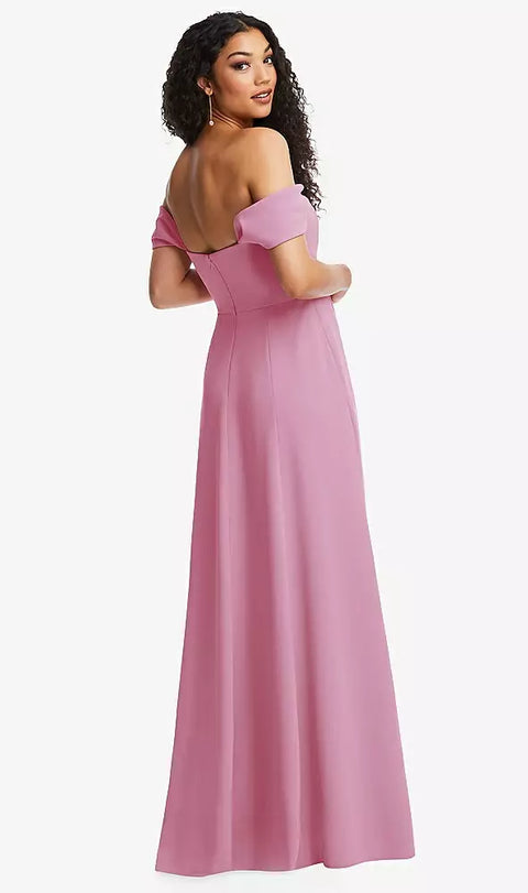 Dessy 3124 Off-the-shoulder Pleated Cap Sleeve A-line Maxi Dress