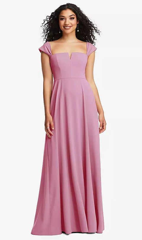 Dessy 3124 Off-the-shoulder Pleated Cap Sleeve A-line Maxi Dress