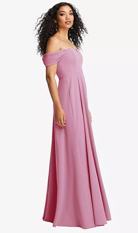 Dessy 3124 Off-the-shoulder Pleated Cap Sleeve A-line Maxi Dress