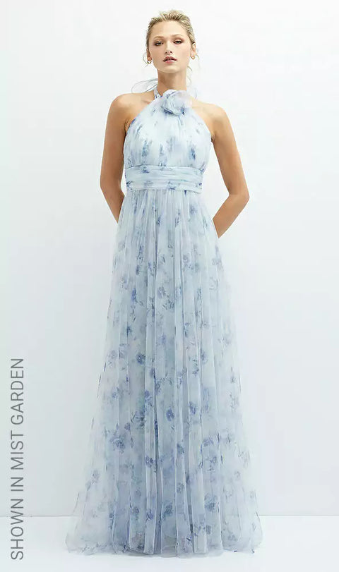Dessy 3131fp Floral Tie-back Halter Tulle Dress With Long Full Skirt & Rosette Detail