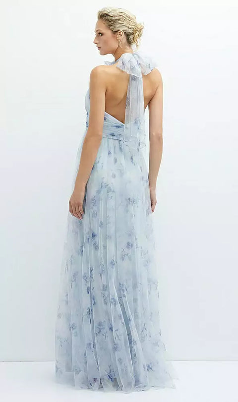 Dessy 3131fp Floral Tie-back Halter Tulle Dress With Long Full Skirt & Rosette Detail