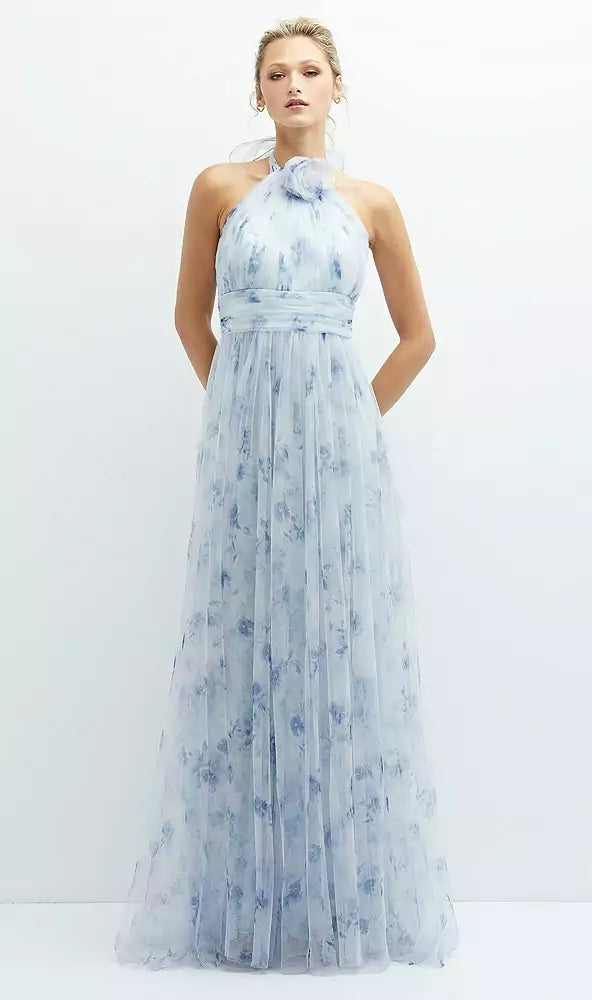 Dessy 3131fp Floral Tie-back Halter Tulle Dress With Long Full Skirt & – YDG
