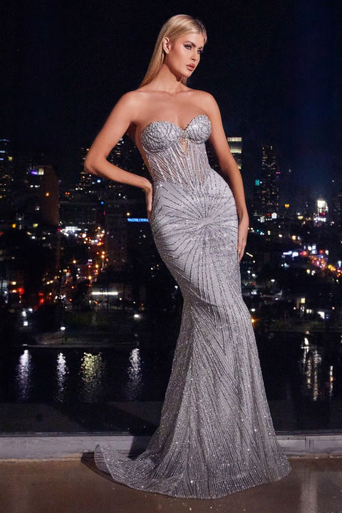 Ladivine - J871 Strapless Glitter Embellished Gown