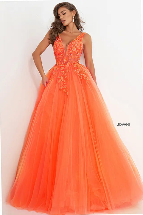 Jovani 02840 Floral Appliques Bodice Tulle Ballgown