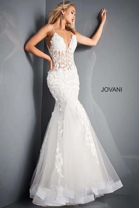 Jovani 02841 Sheer Floral Bodice Mermaid Wedding Party Dress