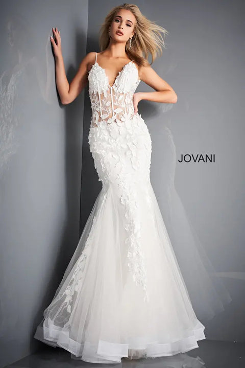 Jovani 02841 Sheer Floral Bodice Mermaid Wedding Party Dress