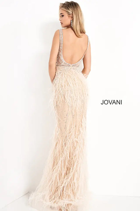 Jovani 03023 Sheer Embellished Plunging Neck Wedding Dress