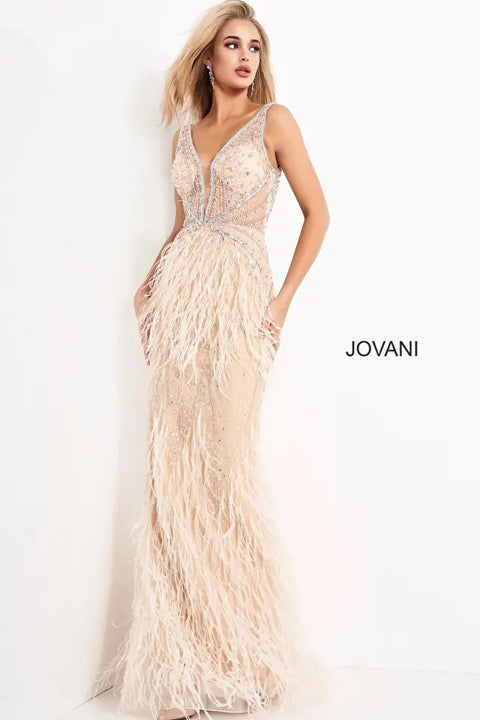 Jovani 03023 Sheer Embellished Plunging Neck Wedding Dress