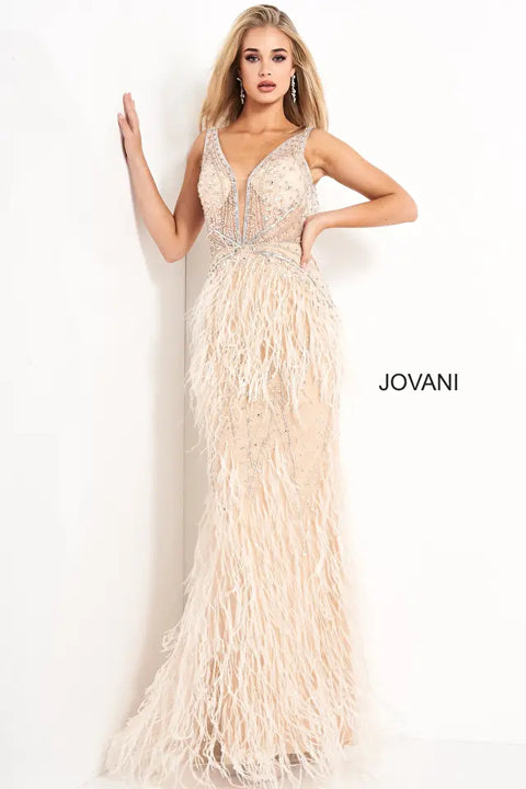 Jovani 03023 Sheer Embellished Plunging Neck Wedding Dress