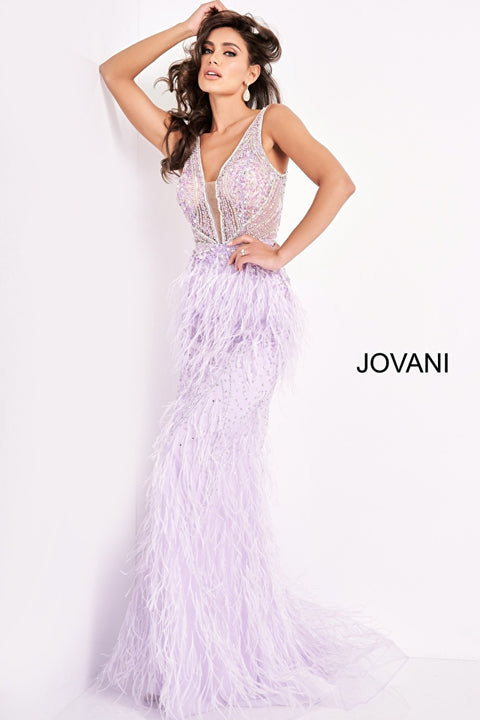 Jovani 03023 Sheer Embellished Plunging Neck Wedding Dress