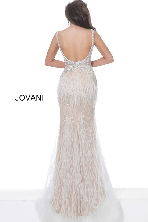 Jovani 03023 Sheer Embellished Plunging Neck Wedding Dress