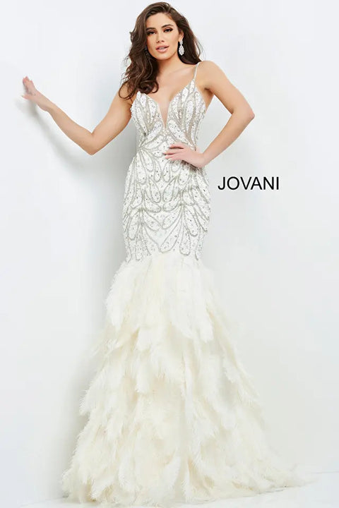 Jovani 04625 Floor Length Dress With Mermaid Feather Bottom