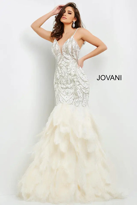 Jovani 04625 Floor Length Dress With Mermaid Feather Bottom