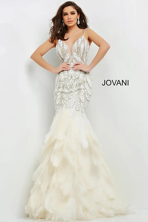 Jovani 04625 Floor Length Dress With Mermaid Feather Bottom