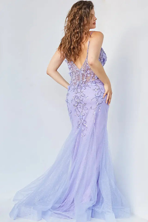 Jovani 05839 Plunging Neck Mermaid Floral Embellished Prom Dress