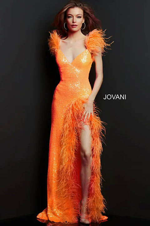 Jovani 06164 Feather Fitted Sequin Special Occiasion Dress