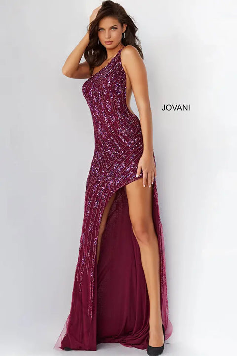 Jovani 06346 Beaded One Shoulder Couture High Slit Embellished Prom Dress
