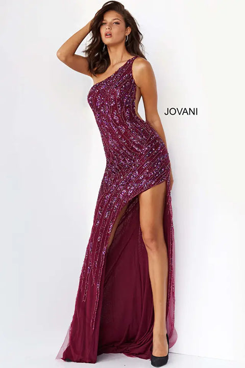 Jovani 06346 Beaded One Shoulder Couture High Slit Embellished Prom Dress