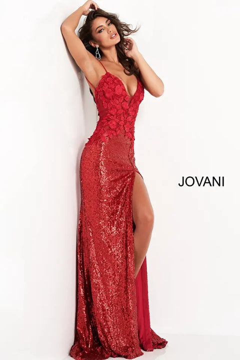 Jovani 06426 Floral Appliques High Slit Bodice Dress