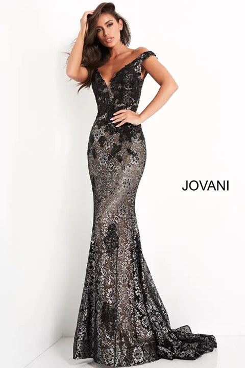 Jovani 06437 Off The Shoulder Lace Prom Dress