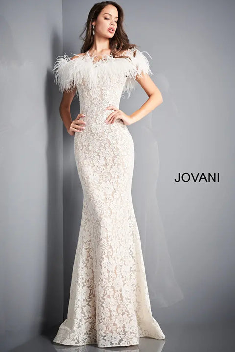 Jovani 06451 Feather Off The Shoulder Neckline Sheath Dress