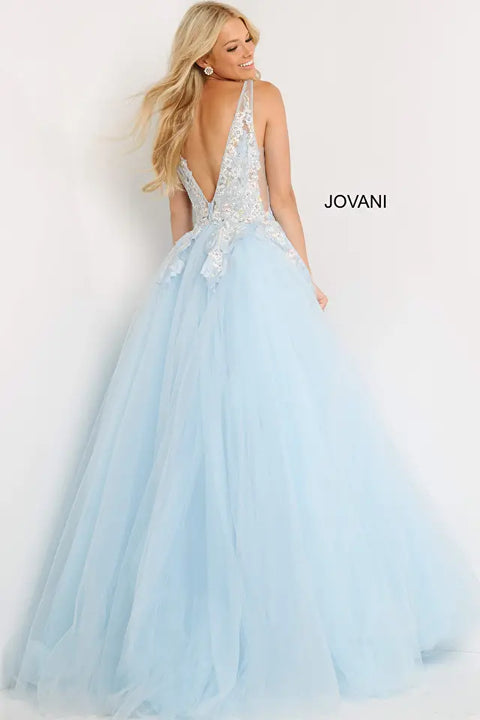 Jovani 06808 Deep V Neck Floral Bodice Plus Size Prom Ballgown