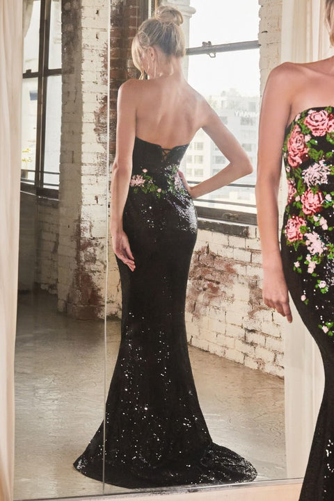 Ladivine - CD811 Floral Sequin Strapless Dress