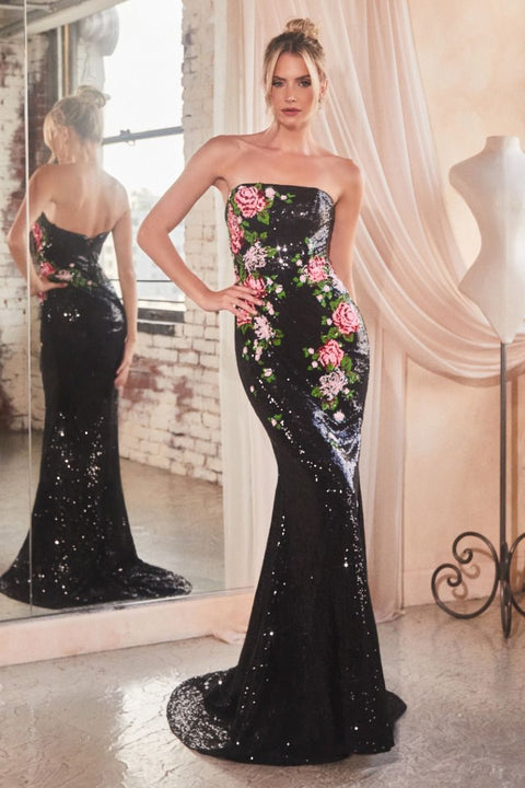 Ladivine - CD811 Floral Sequin Strapless Dress