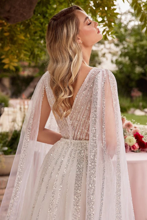 Ladivine - CD852W Sequin V Neck A-line Long Sleeve Bridal Gown