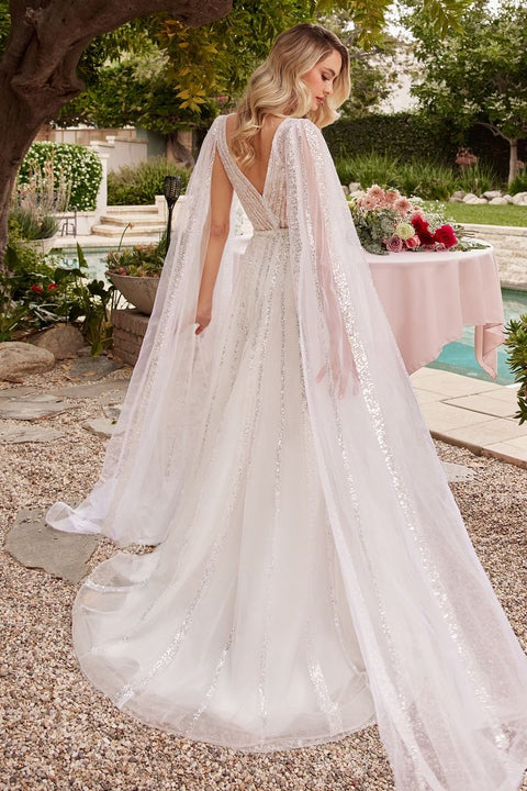Ladivine - CD852W Sequin V Neck A-line Long Sleeve Bridal Gown