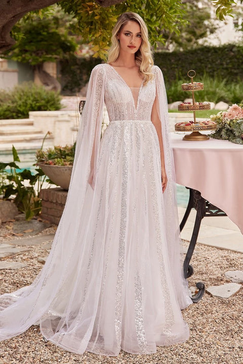 Ladivine - CD852W Sequin V Neck A-line Long Sleeve Bridal Gown