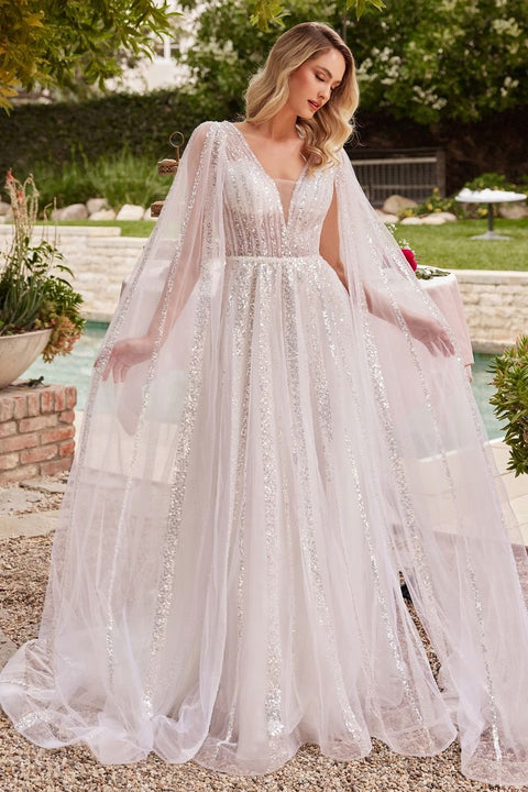 Ladivine - CD852W Sequin V Neck A-line Long Sleeve Bridal Gown