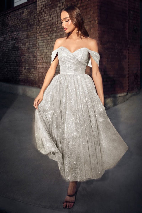 Ladivine - CD869W Sweetheart Neckline Off The Shoulder Tea Length Wedding Dress