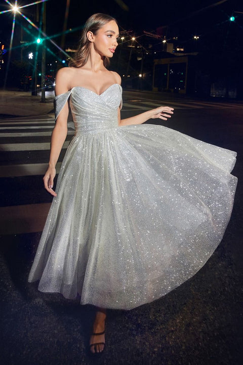 Ladivine - CD869W Sweetheart Neckline Off The Shoulder Tea Length Wedding Dress