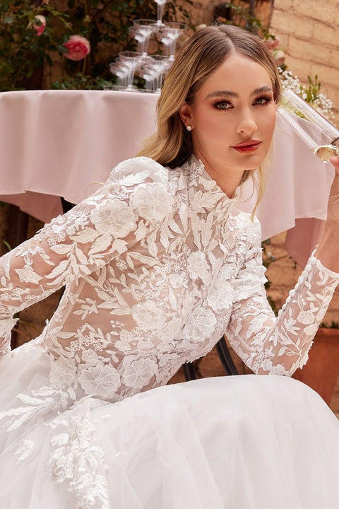 Ladivine - CDS433W Tulle High Neck A-line Long Sleeve Ball Gown