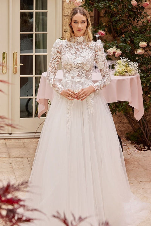 Ladivine - CDS433W Tulle High Neck A-line Long Sleeve Ball Gown