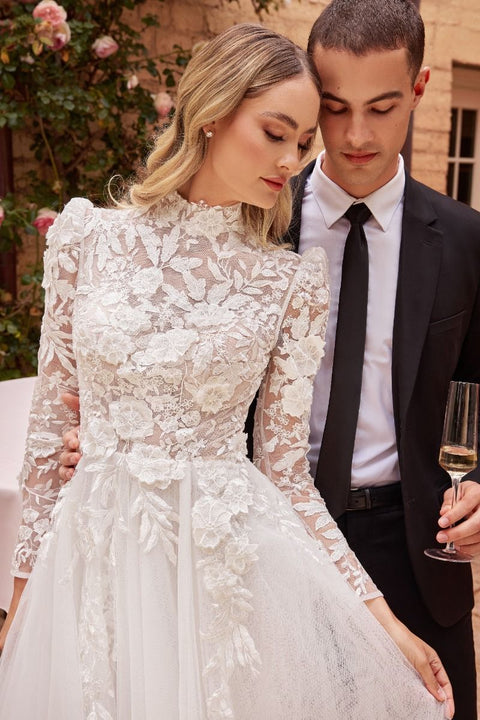Ladivine - CDS433W Tulle High Neck A-line Long Sleeve Ball Gown