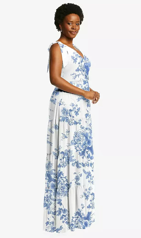 Social Bridesmaid 8233 Bow-shoulder Faux Wrap Maxi Dress With Tiered Skirt