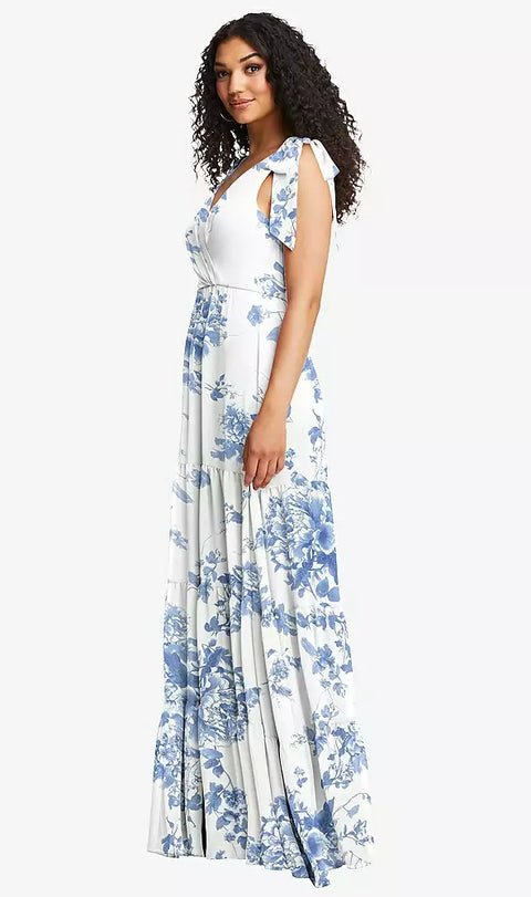 Social Bridesmaid 8233 Bow-shoulder Faux Wrap Maxi Dress With Tiered Skirt